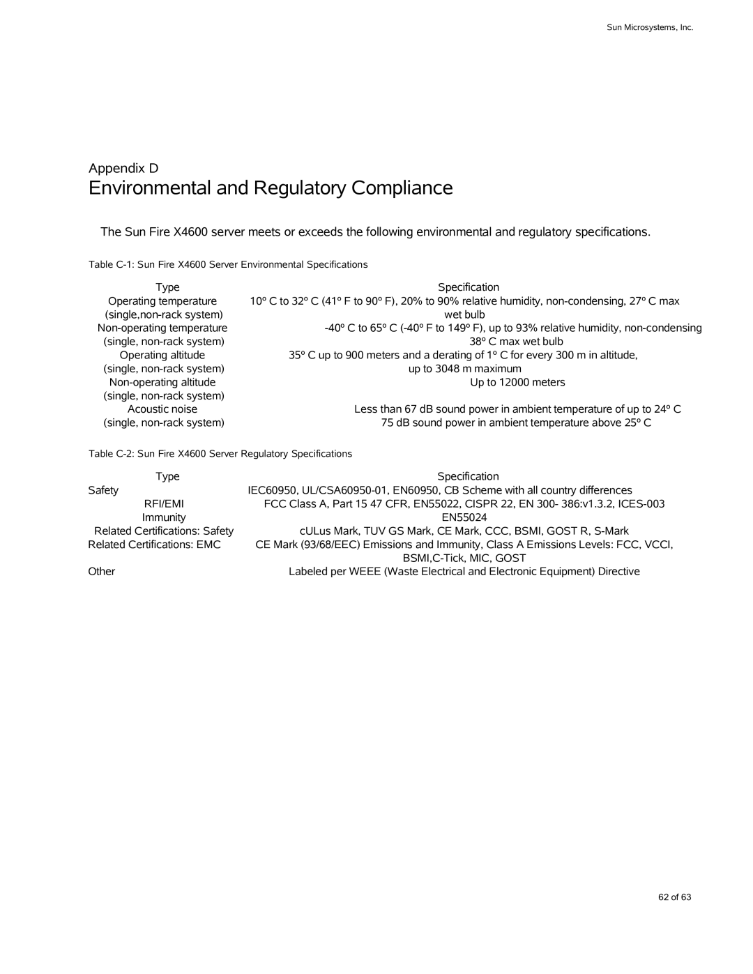 Sun Microsystems X4600 M2 manual Environmental and Regulatory Compliance, Type Specification 