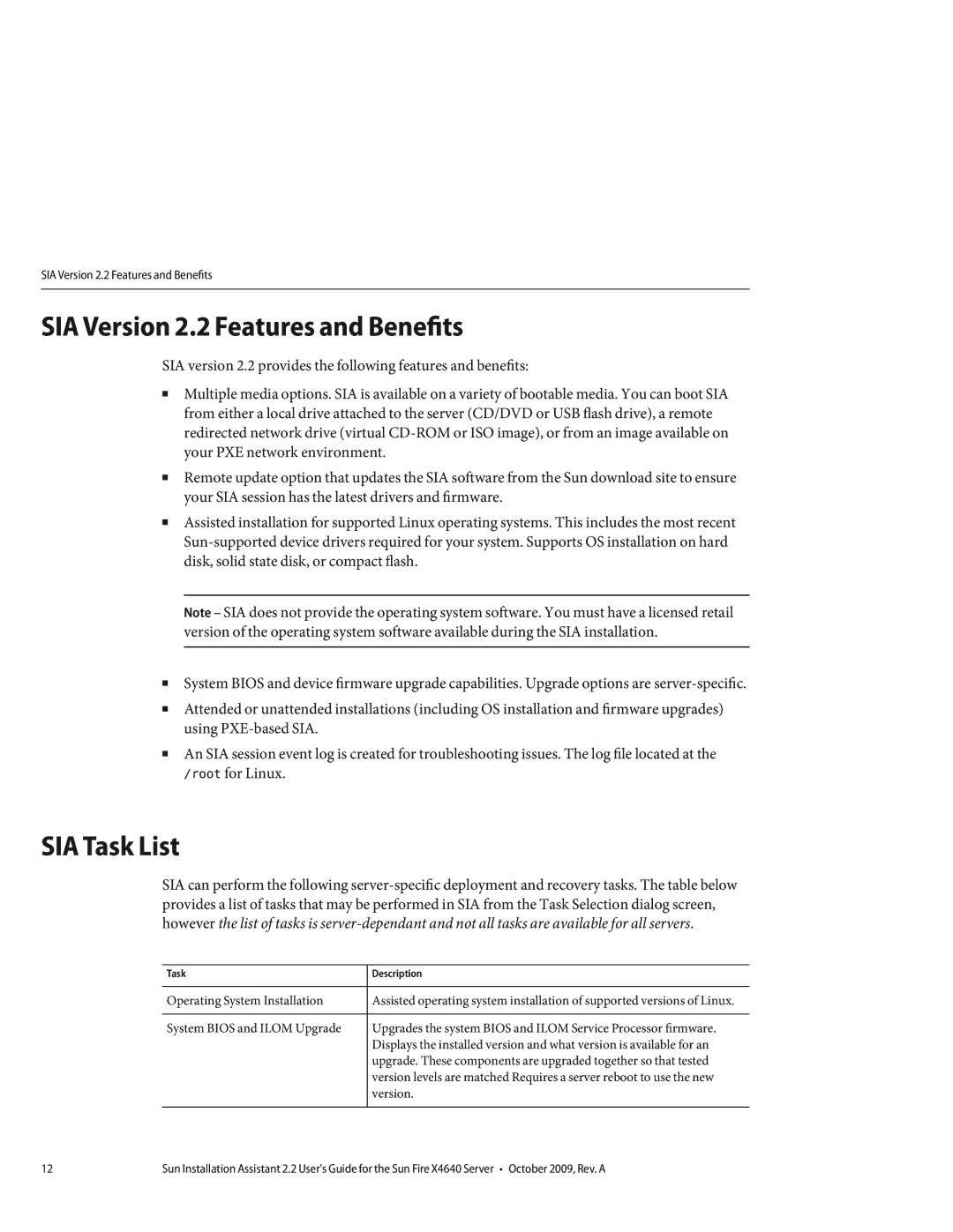 Sun Microsystems X4640 manual SIA Version 2.2 Features and Benefits, SIA Task List 