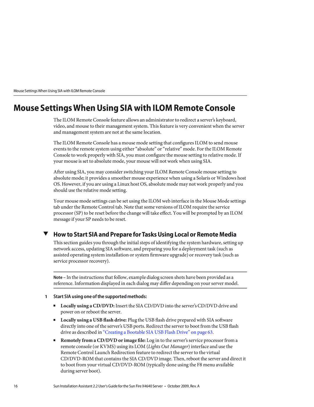 Sun Microsystems X4640 manual Mouse Settings When Using SIA with Ilom Remote Console 