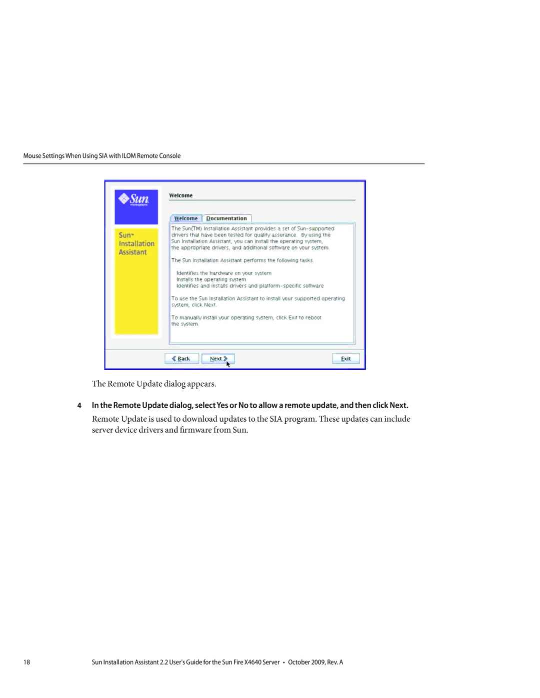 Sun Microsystems X4640 manual Remote Update dialog appears 