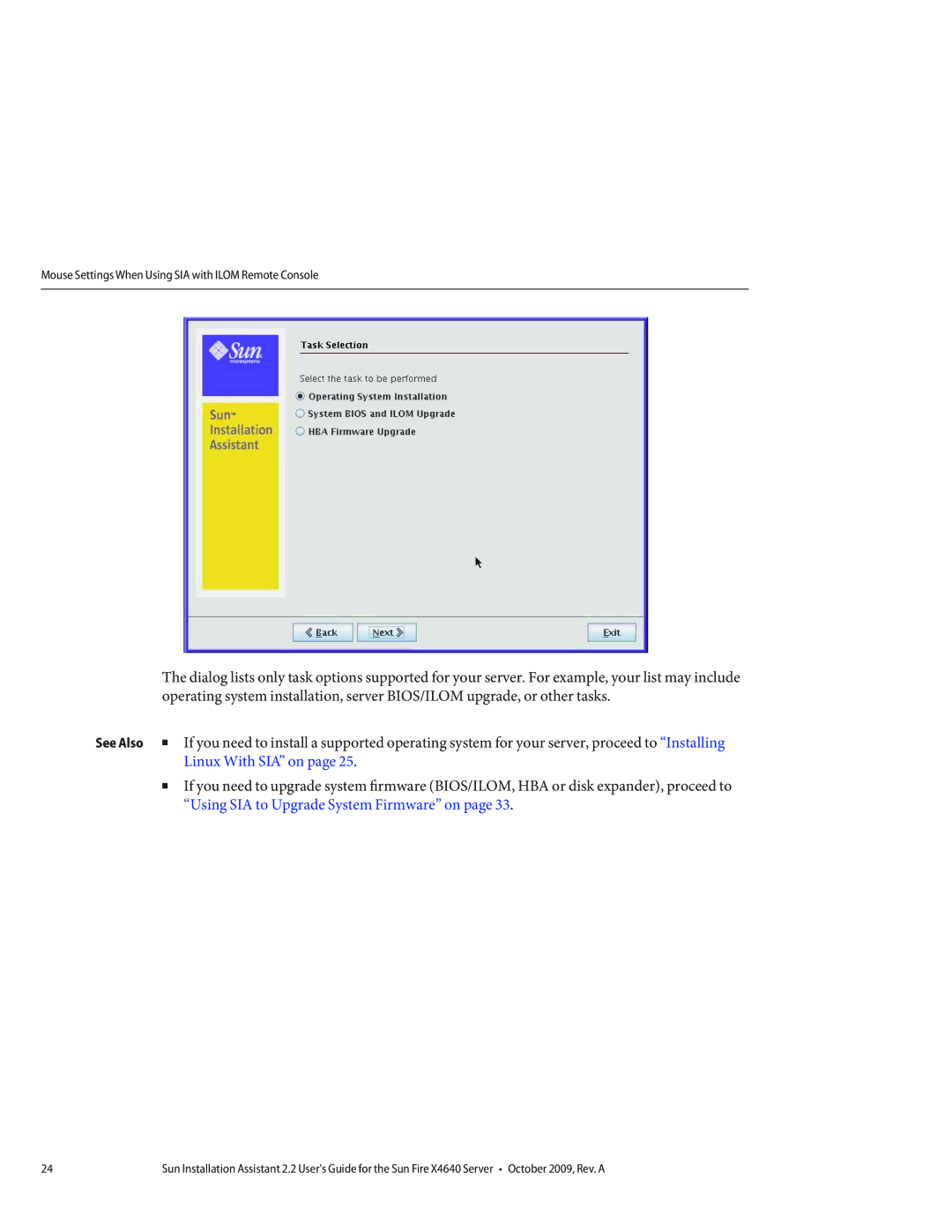 Sun Microsystems X4640 manual Linux With SIA on 