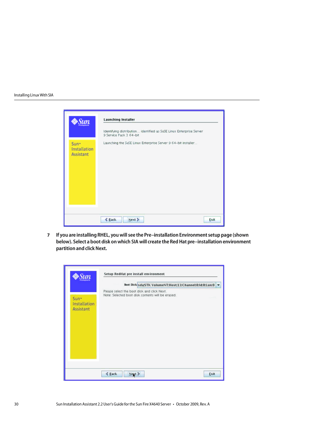 Sun Microsystems X4640 manual Installing Linux With SIA 