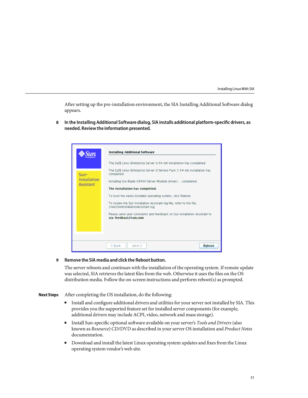 Sun Microsystems X4640 manual Installing Linux With SIA 