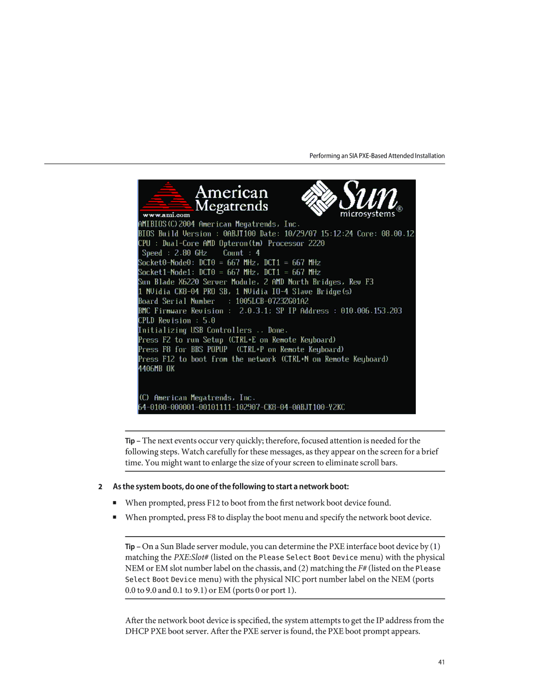 Sun Microsystems X4640 manual Performing an SIA PXE-Based Attended Installation 