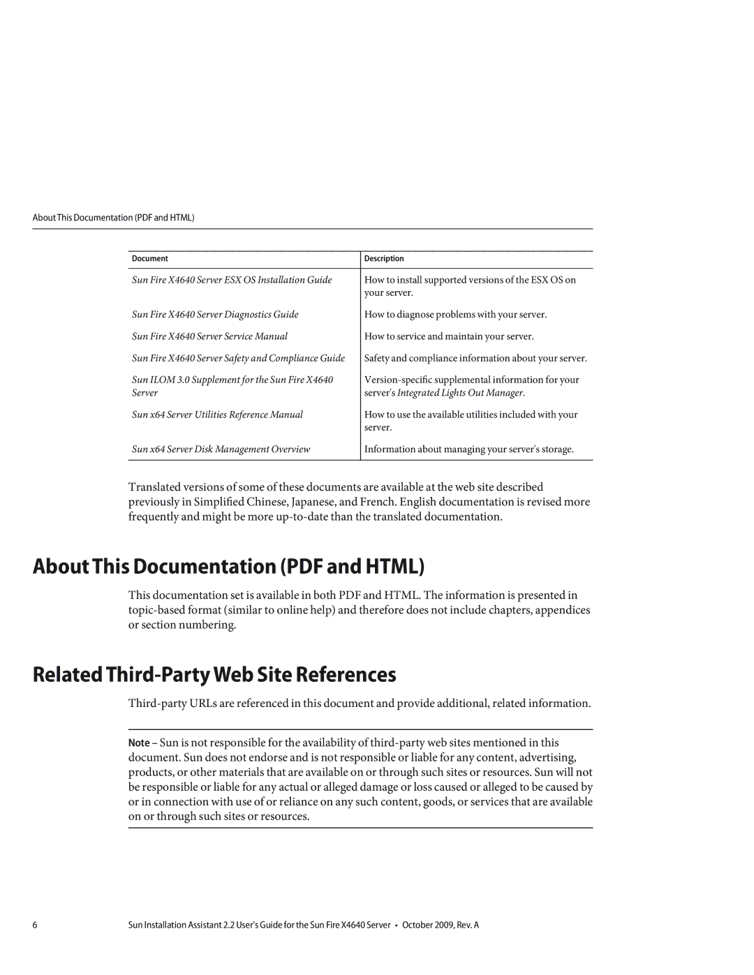 Sun Microsystems X4640 manual Related Third-Party Web Site References 