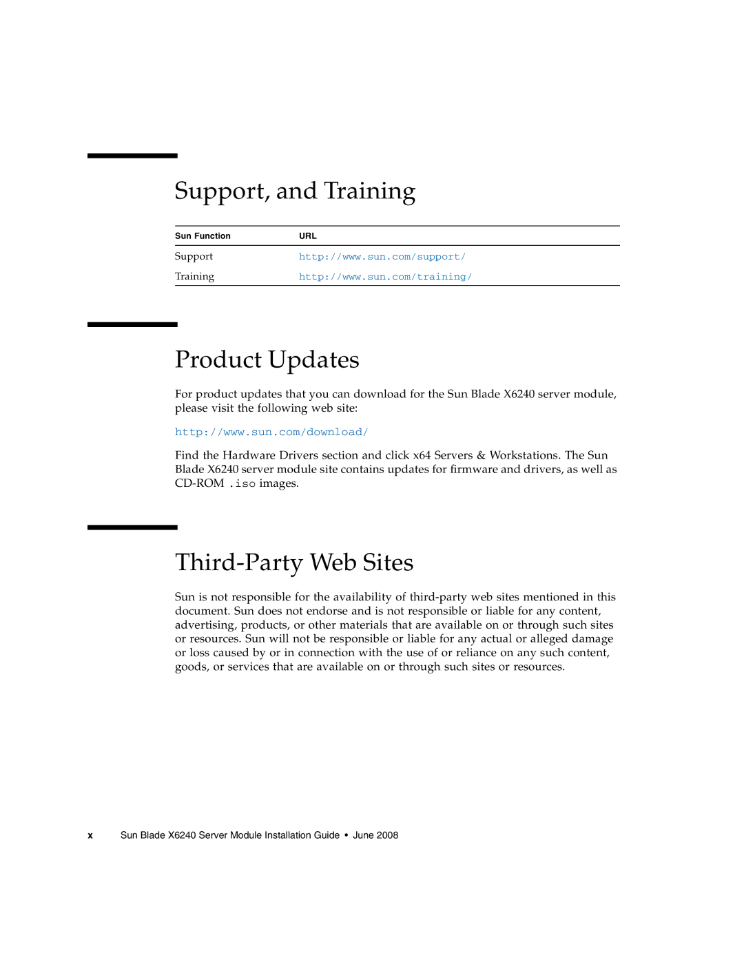 Sun Microsystems X6240 manual Support, and Training, Product Updates, Third-Party Web Sites 