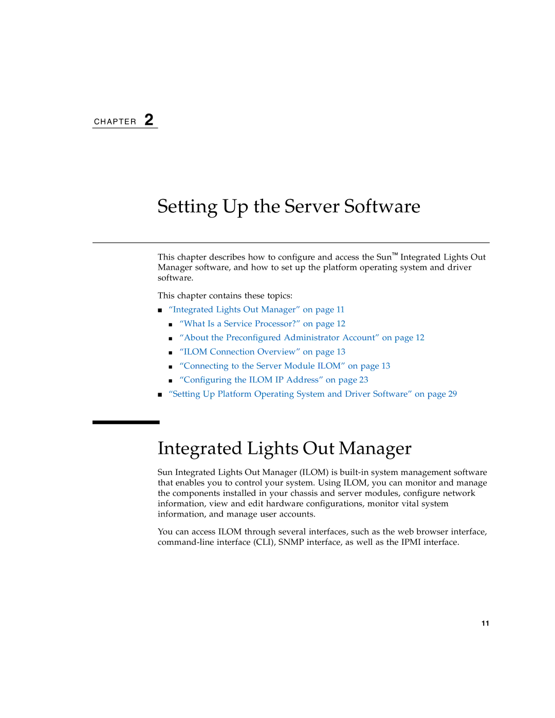 Sun Microsystems X6240 manual Setting Up the Server Software, Integrated Lights Out Manager 