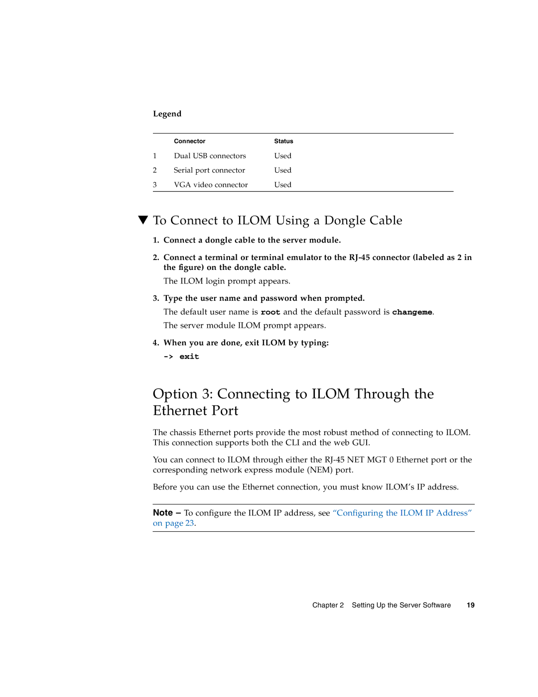 Sun Microsystems X6240 manual Option 3 Connecting to Ilom Through the Ethernet Port, When you are done, exit Ilom by typing 