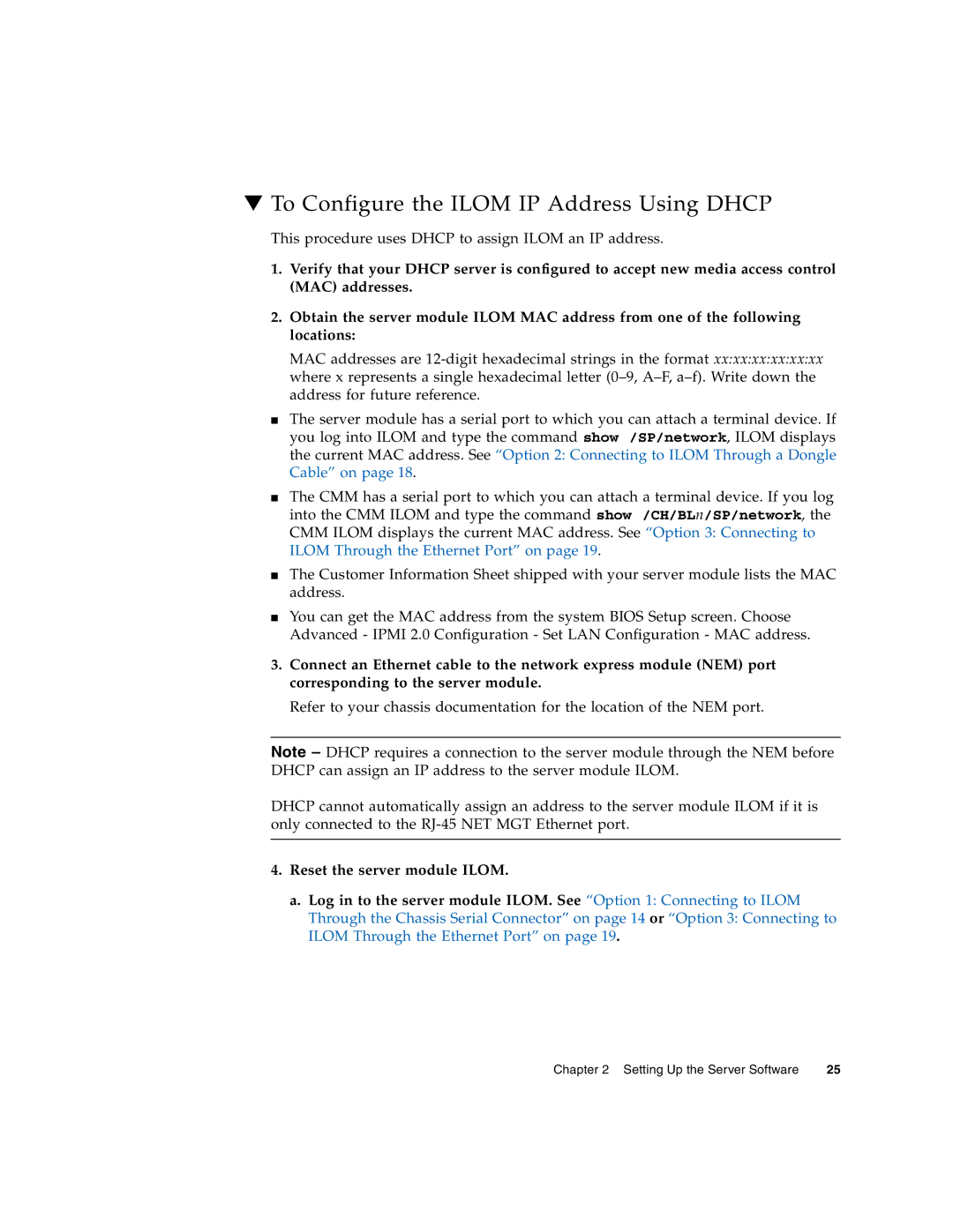 Sun Microsystems X6240 manual To Configure the Ilom IP Address Using Dhcp 