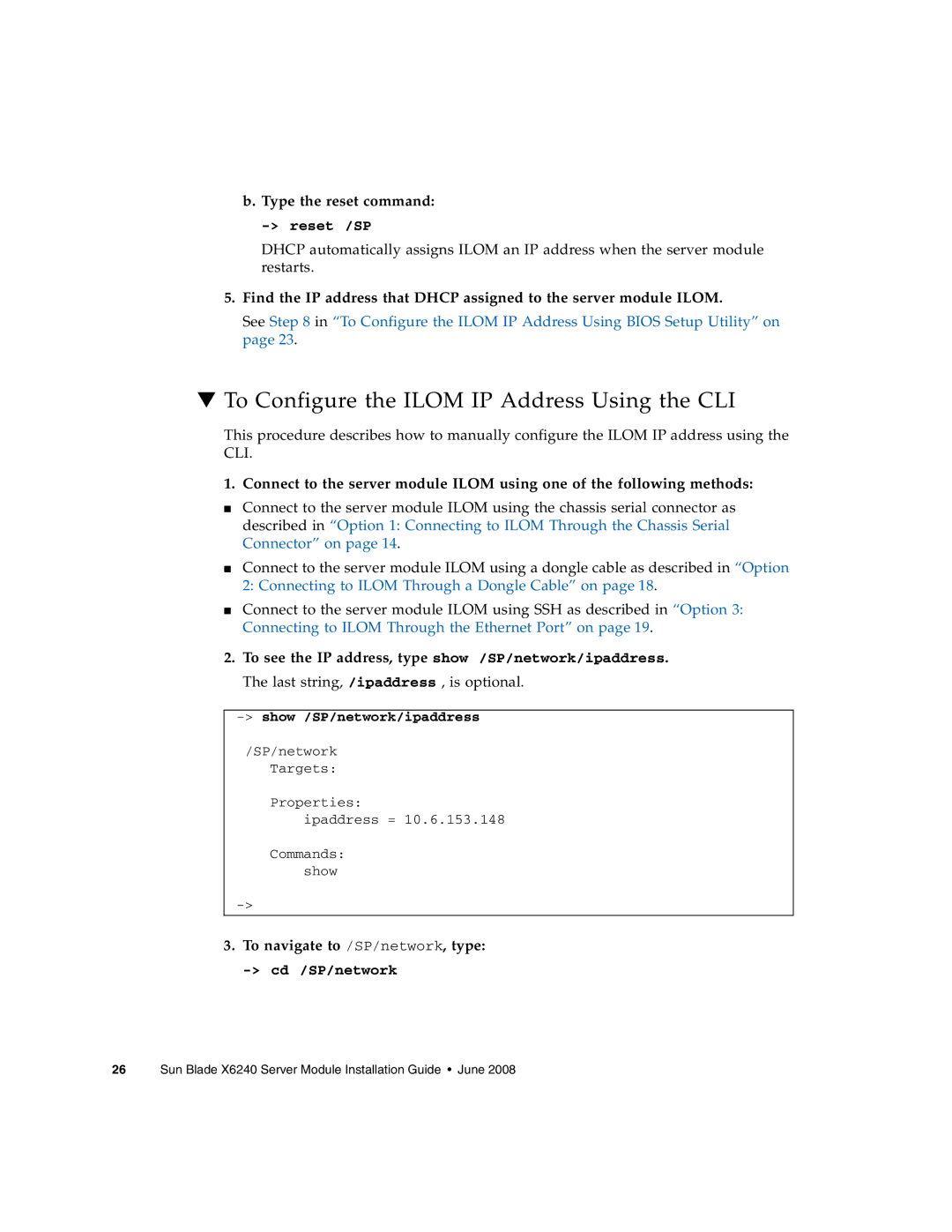 Sun Microsystems X6240 manual Type the reset command, To navigate to /SP/network, type 