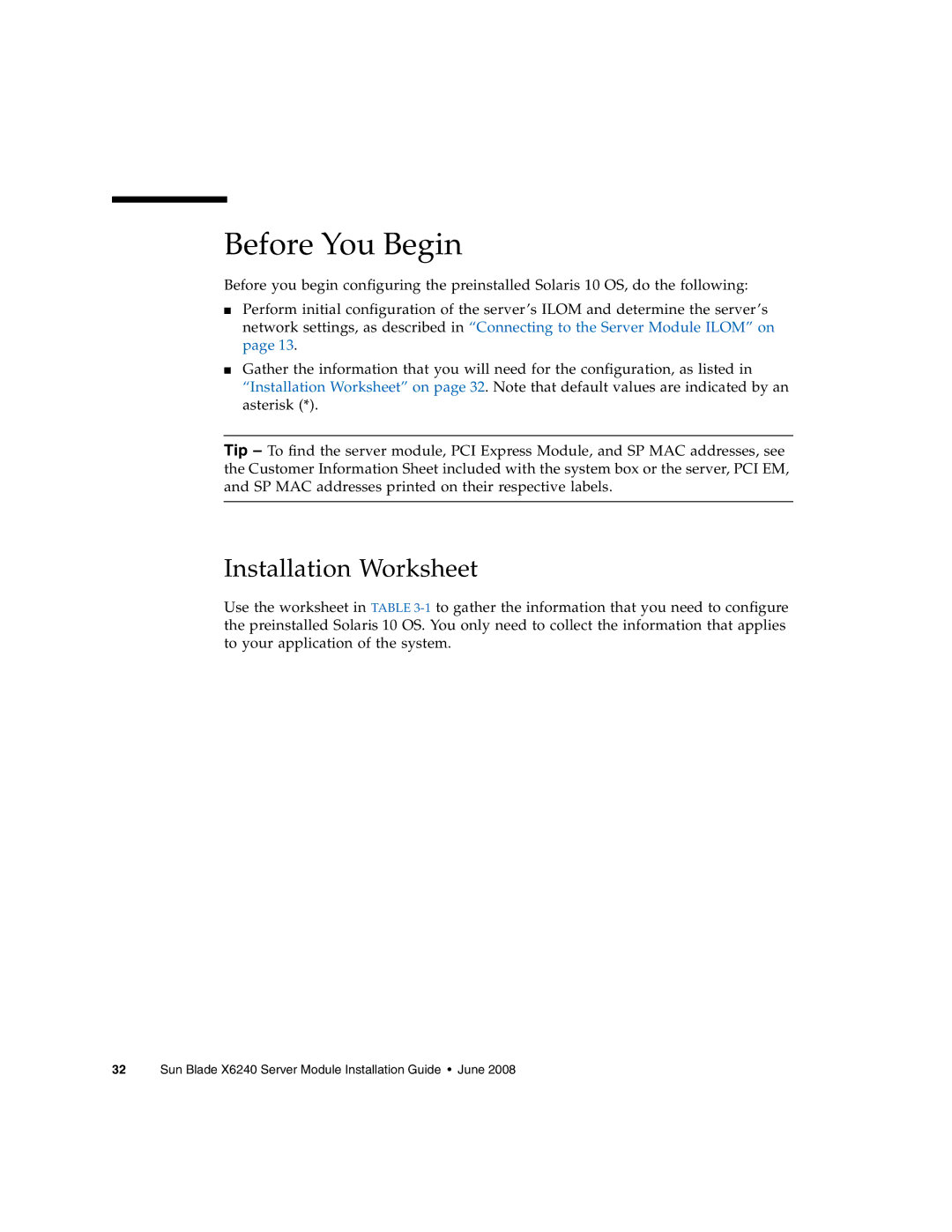 Sun Microsystems X6240 manual Before You Begin, Installation Worksheet 