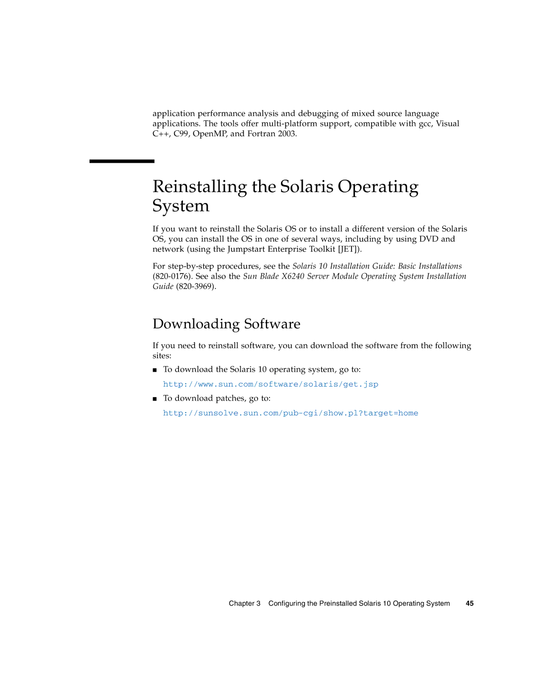 Sun Microsystems X6240 manual Reinstalling the Solaris Operating System, Downloading Software 