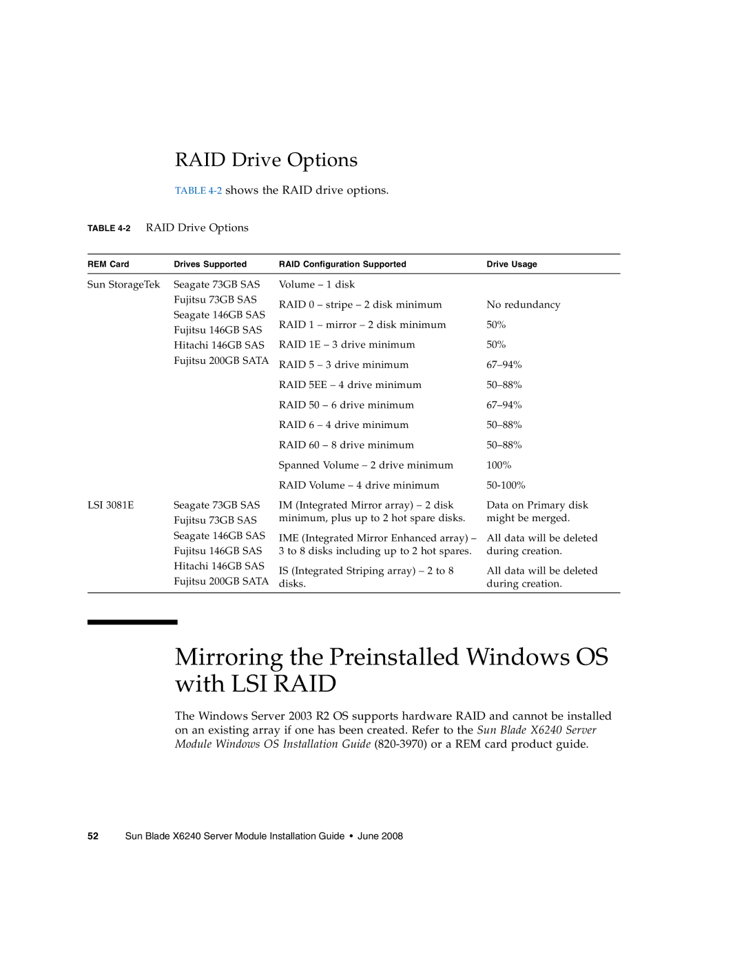 Sun Microsystems X6240 manual Mirroring the Preinstalled Windows OS with LSI RAID, 2shows the RAID drive options 