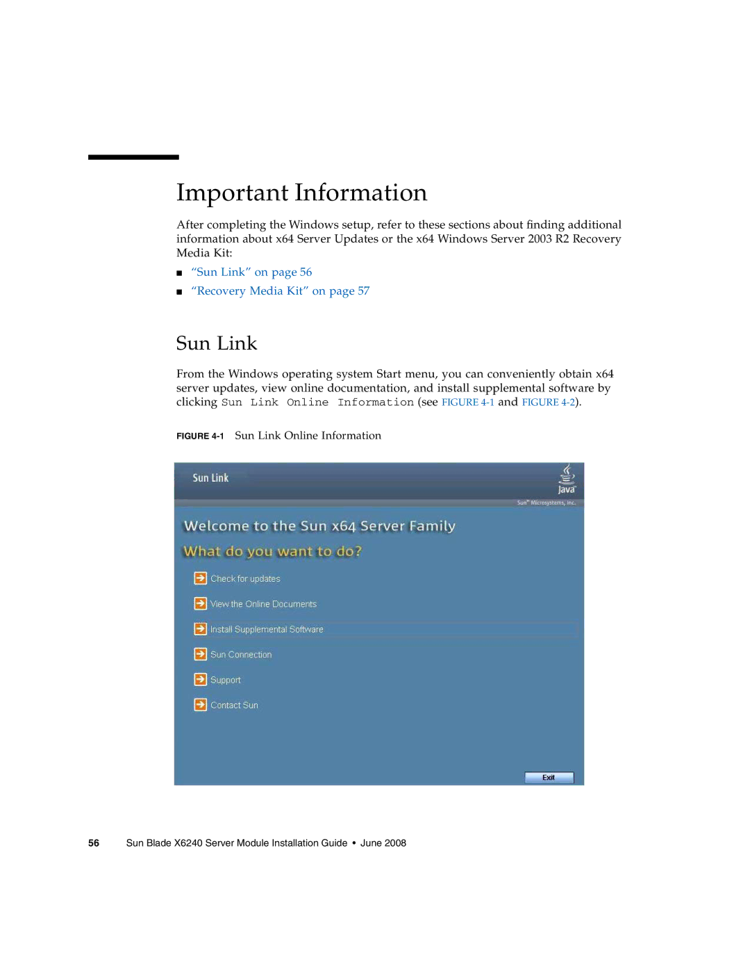 Sun Microsystems X6240 manual Important Information, Sun Link 