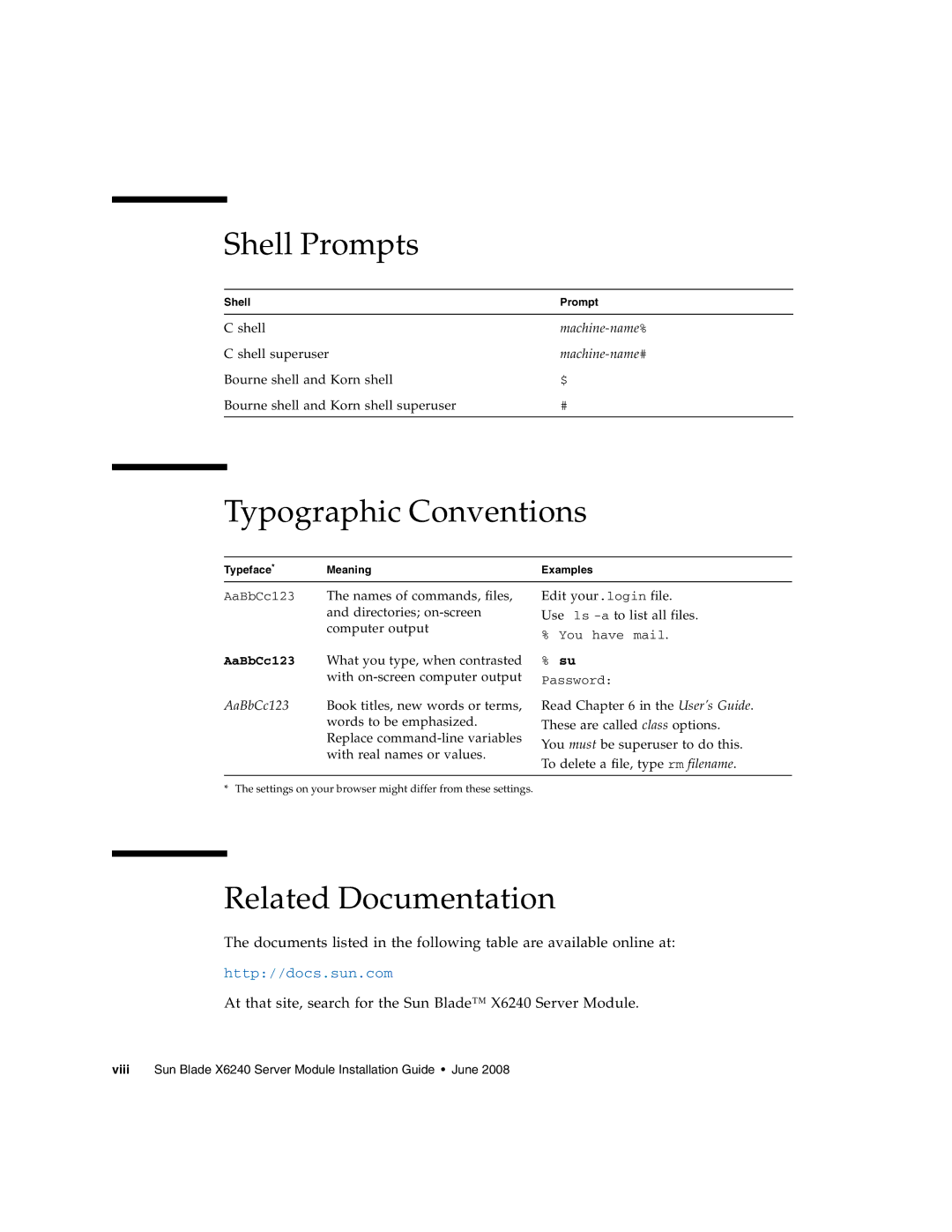 Sun Microsystems X6240 manual Shell Prompts, Typographic Conventions, Related Documentation 