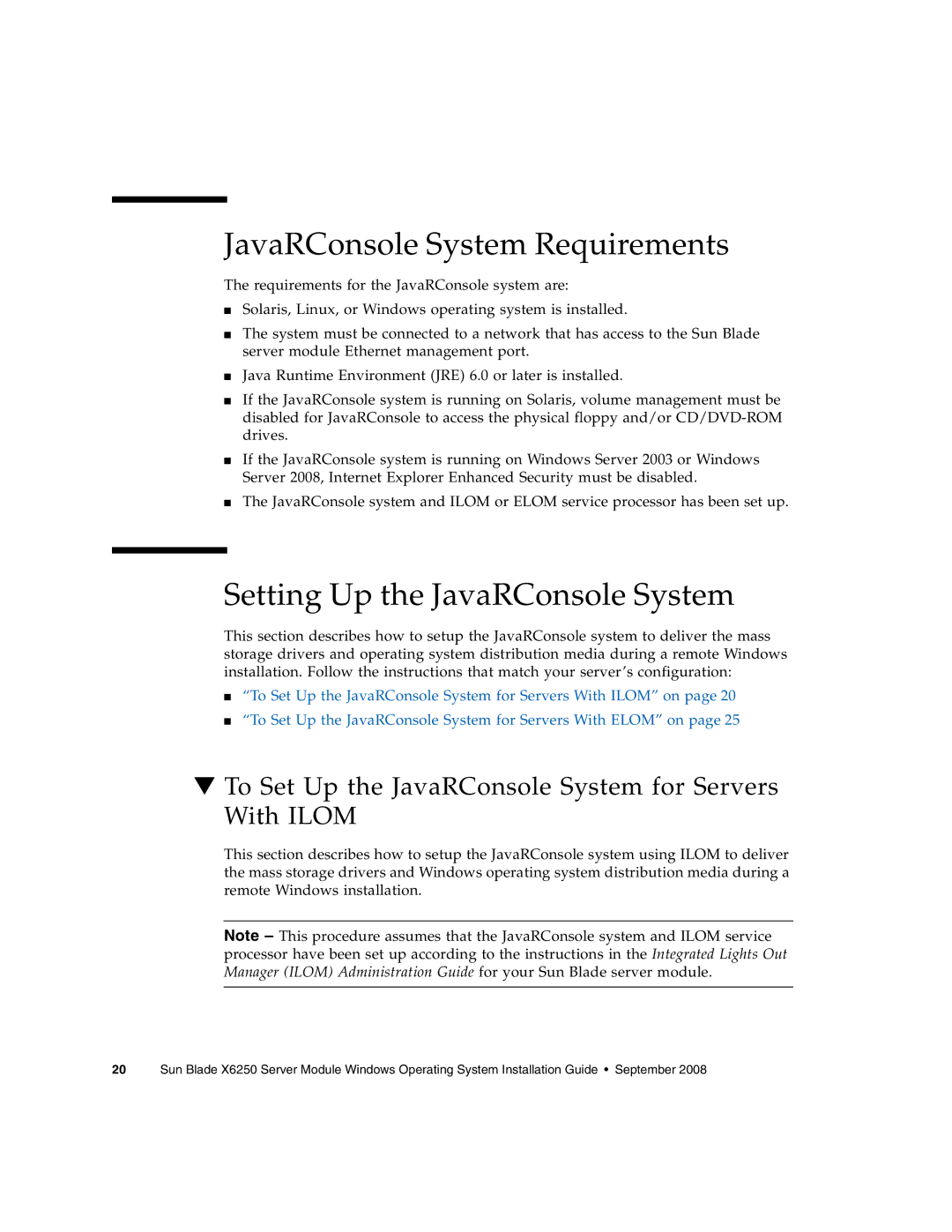 Sun Microsystems X6250 manual JavaRConsole System Requirements, Setting Up the JavaRConsole System 