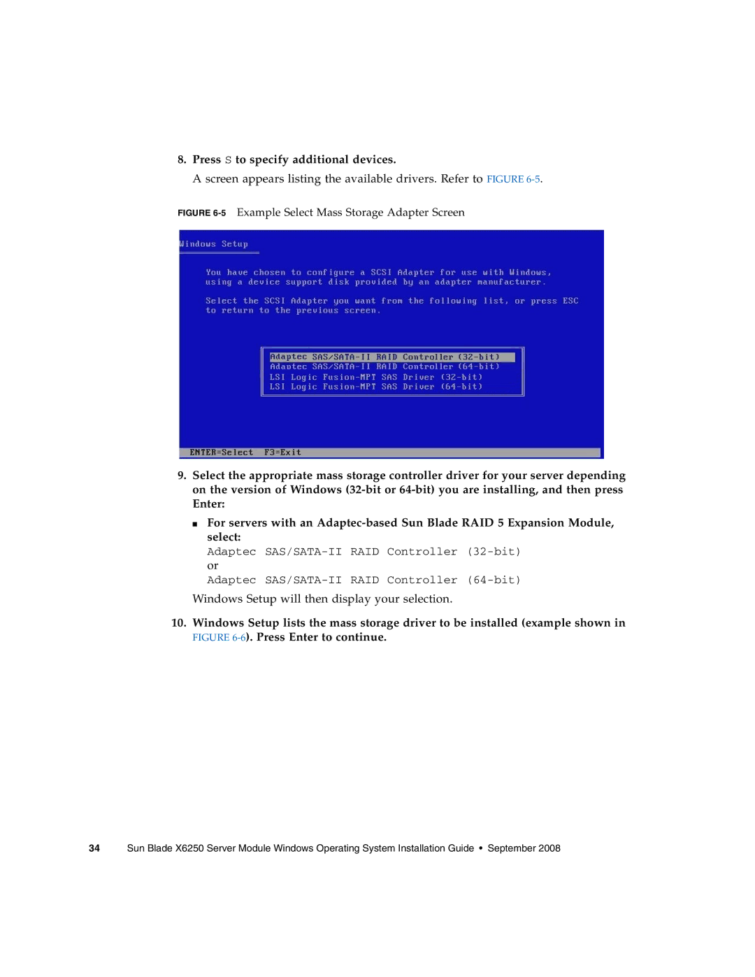 Sun Microsystems X6250 manual Press S to specify additional devices, 5Example Select Mass Storage Adapter Screen 