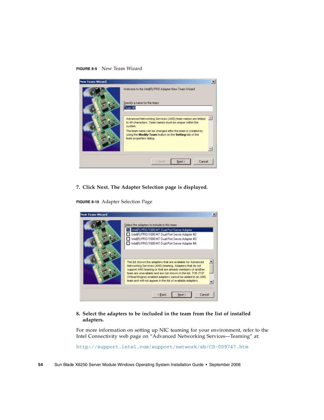 Sun Microsystems X6250 manual Click Next. The Adapter Selection page is displayed, 9New Team Wizard 