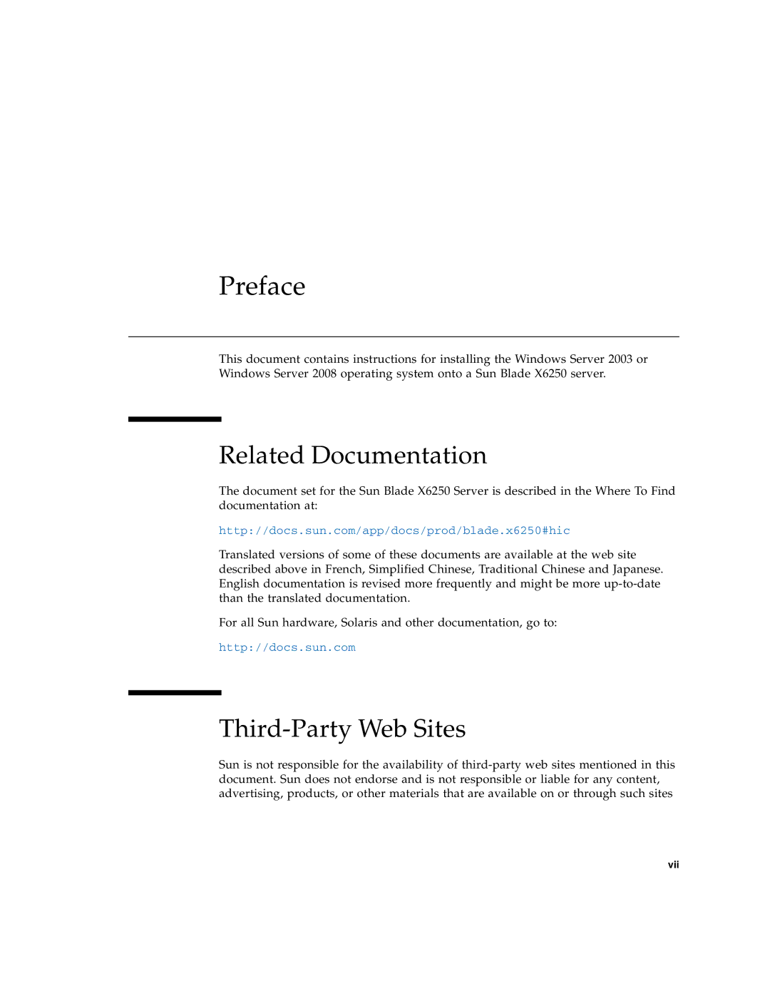 Sun Microsystems X6250 manual Related Documentation, Third-Party Web Sites 