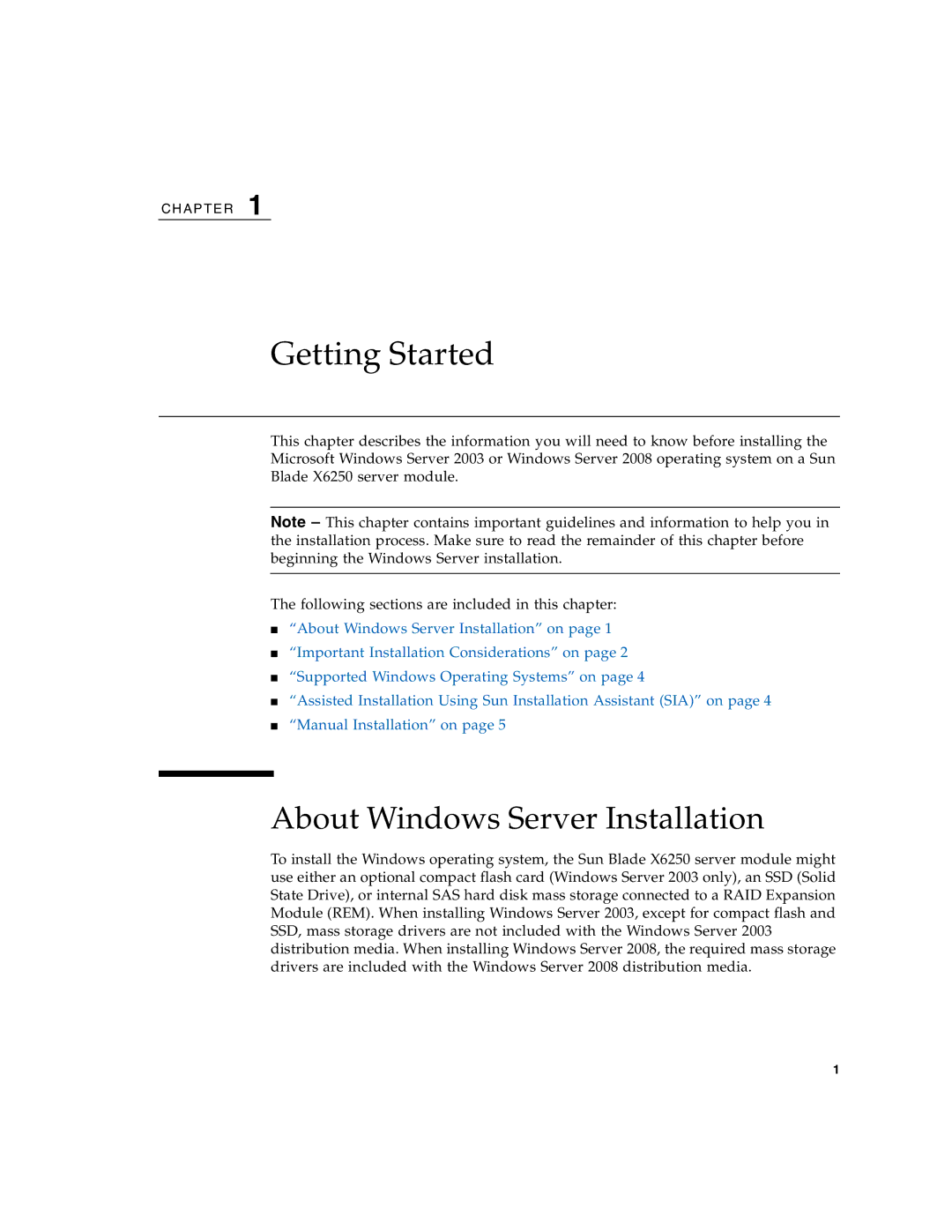 Sun Microsystems X6250 manual Getting Started, About Windows Server Installation 