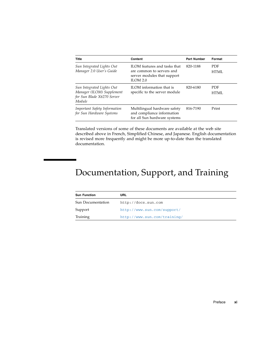 Sun Microsystems X6270 manual Documentation, Support, and Training 