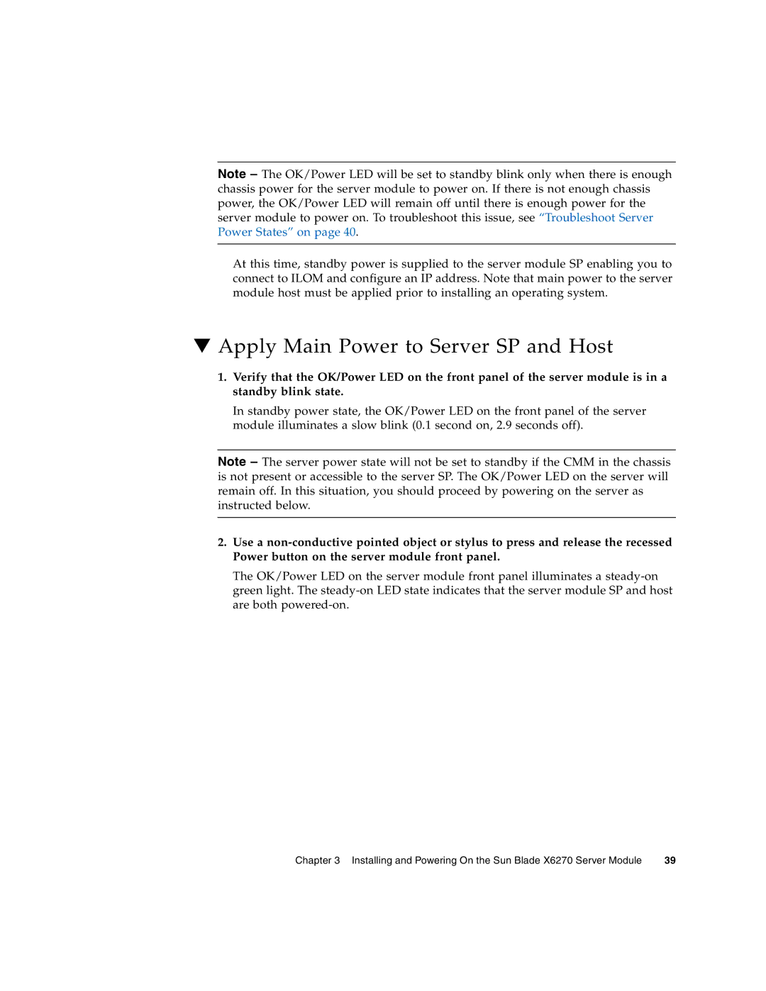 Sun Microsystems X6270 manual Apply Main Power to Server SP and Host 