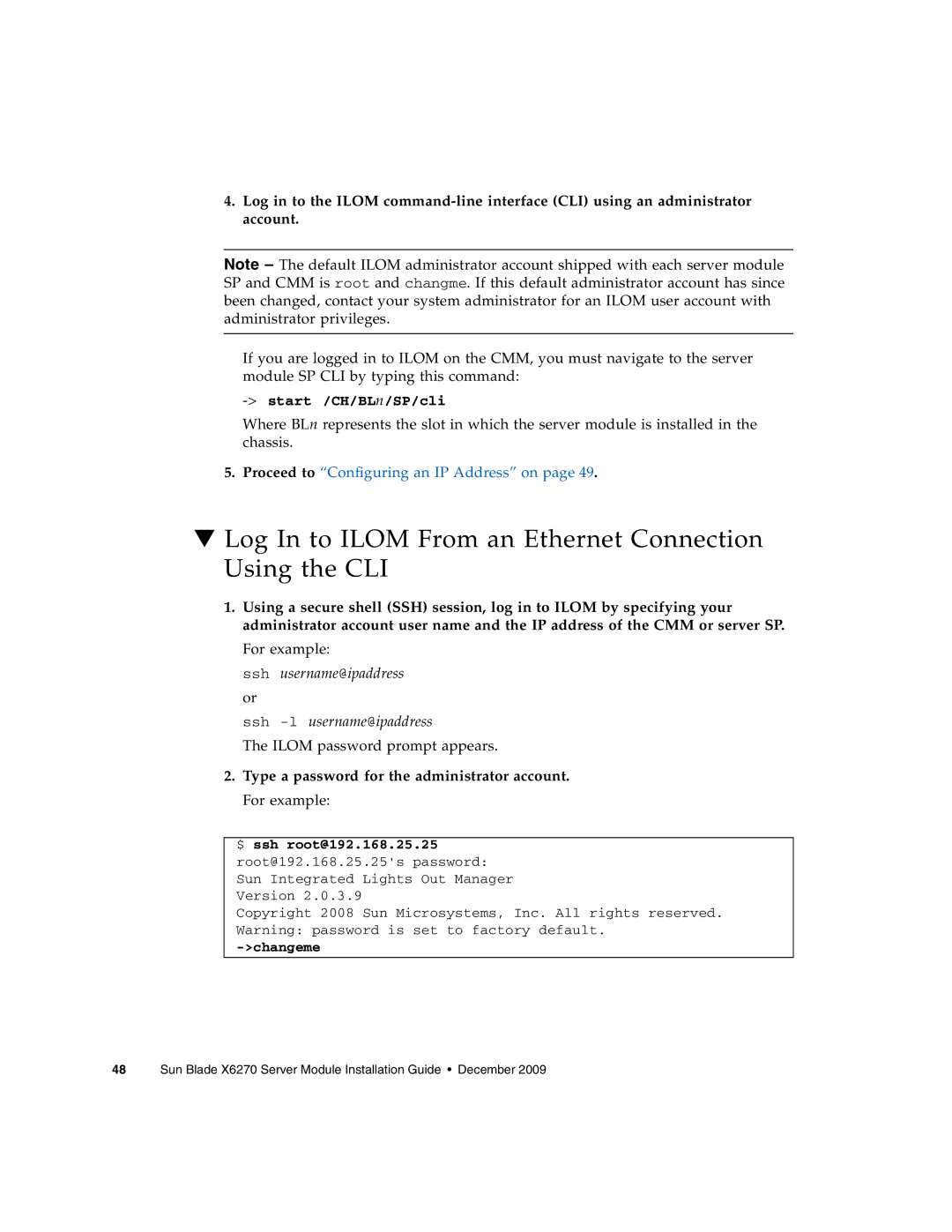 Sun Microsystems X6270 manual Log In to Ilom From an Ethernet Connection Using the CLI 