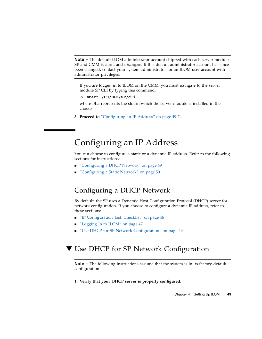 Sun Microsystems X6270 manual Configuring an IP Address, Configuring a Dhcp Network, Use Dhcp for SP Network Configuration 