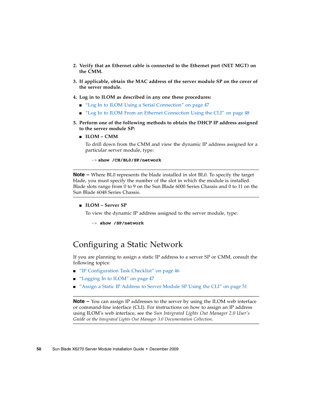 Sun Microsystems X6270 manual Configuring a Static Network, Ilom Server SP 