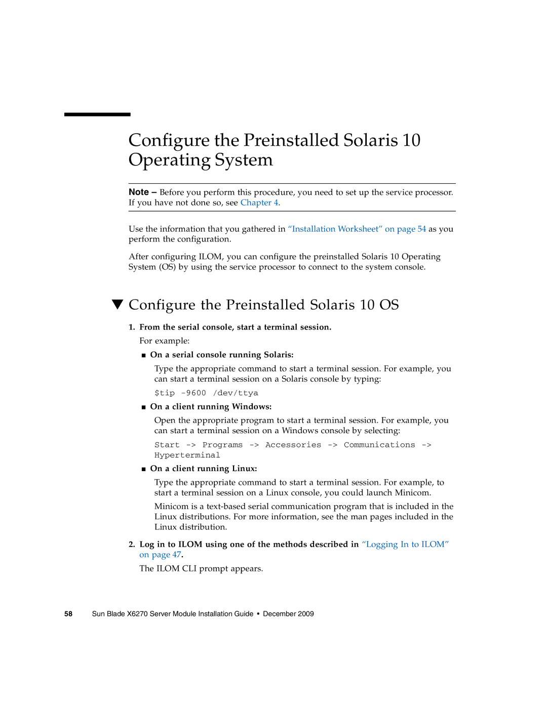 Sun Microsystems X6270 Configure the Preinstalled Solaris 10 Operating System, Configure the Preinstalled Solaris 10 OS 