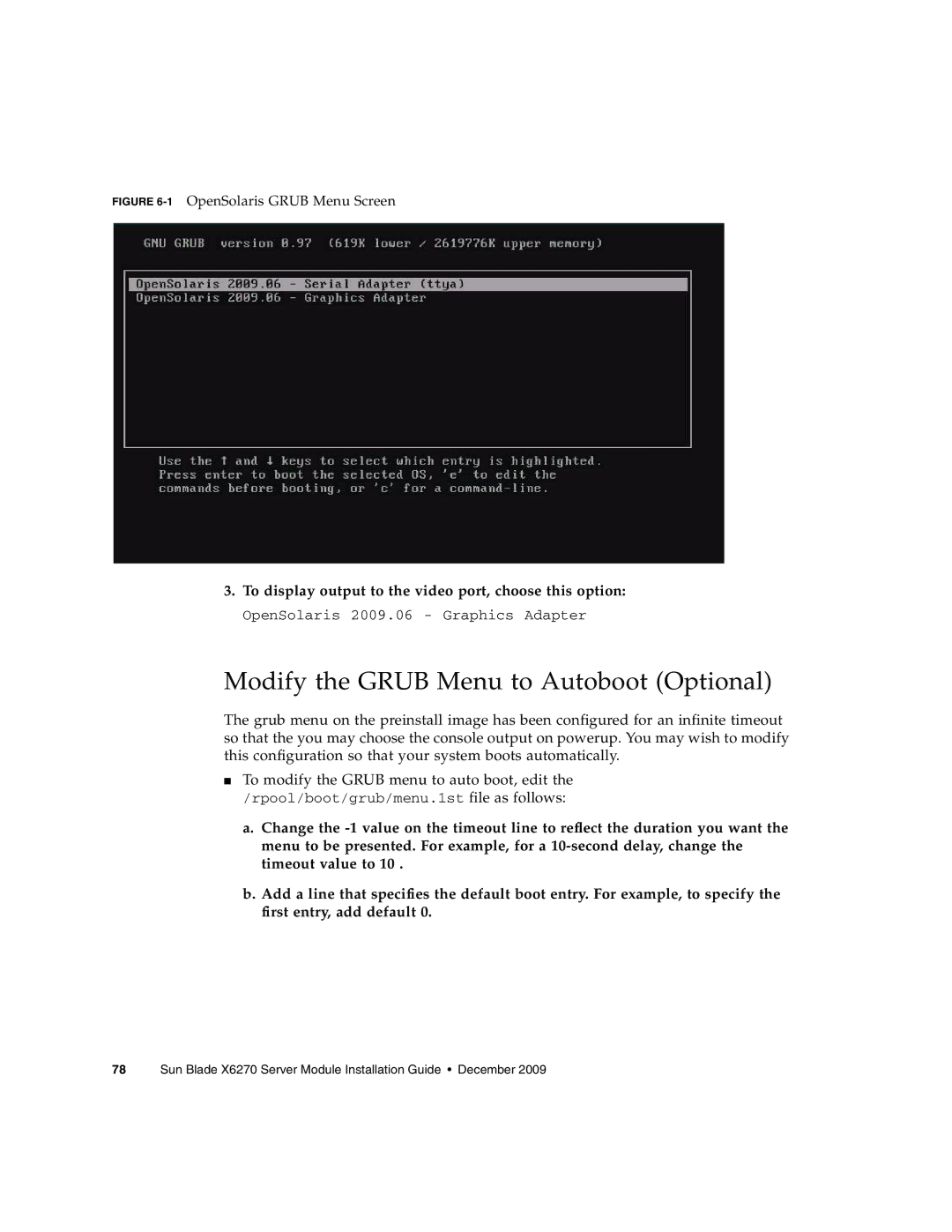 Sun Microsystems X6270 Modify the Grub Menu to Autoboot Optional, To display output to the video port, choose this option 