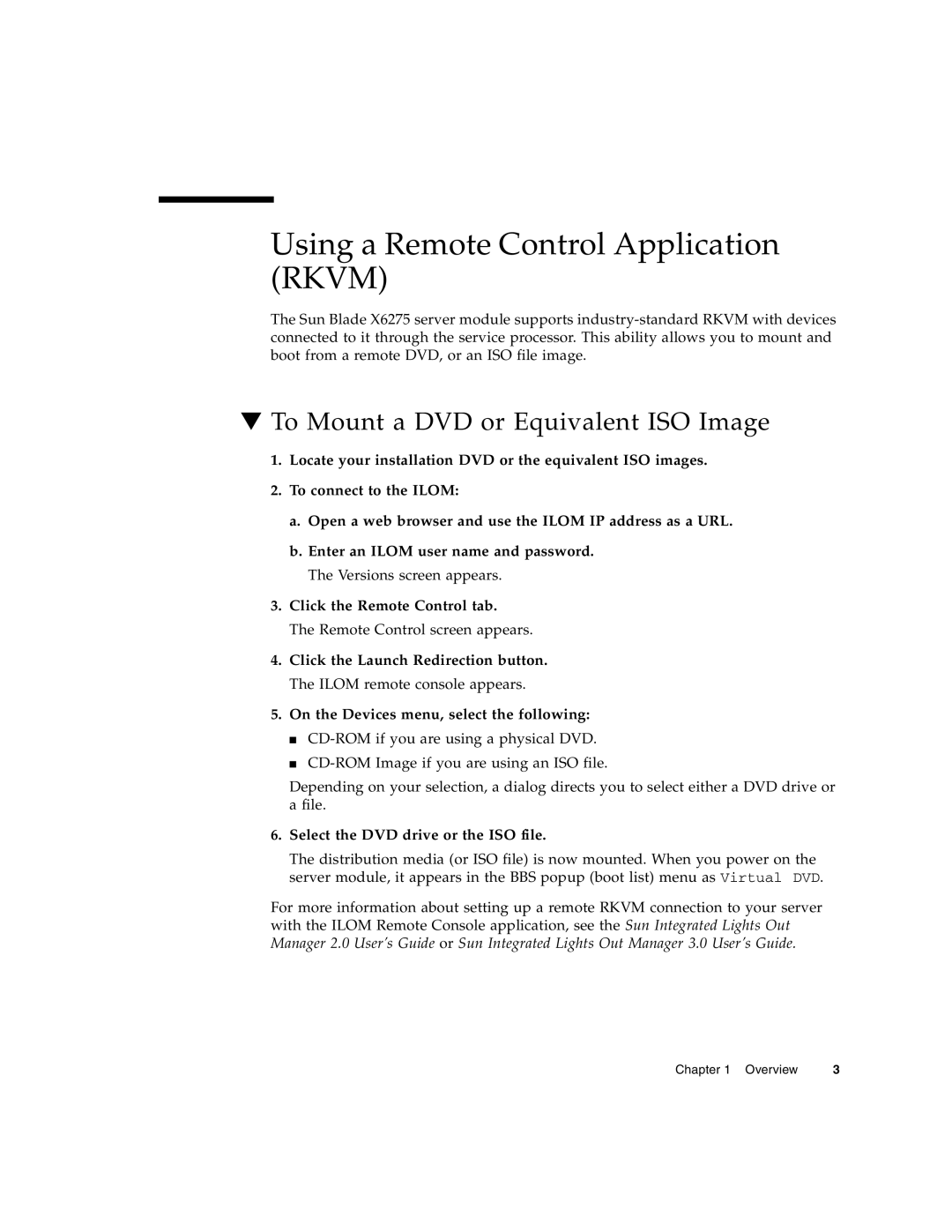 Sun Microsystems X6275 manual Using a Remote Control Application Rkvm, To Mount a DVD or Equivalent ISO Image 