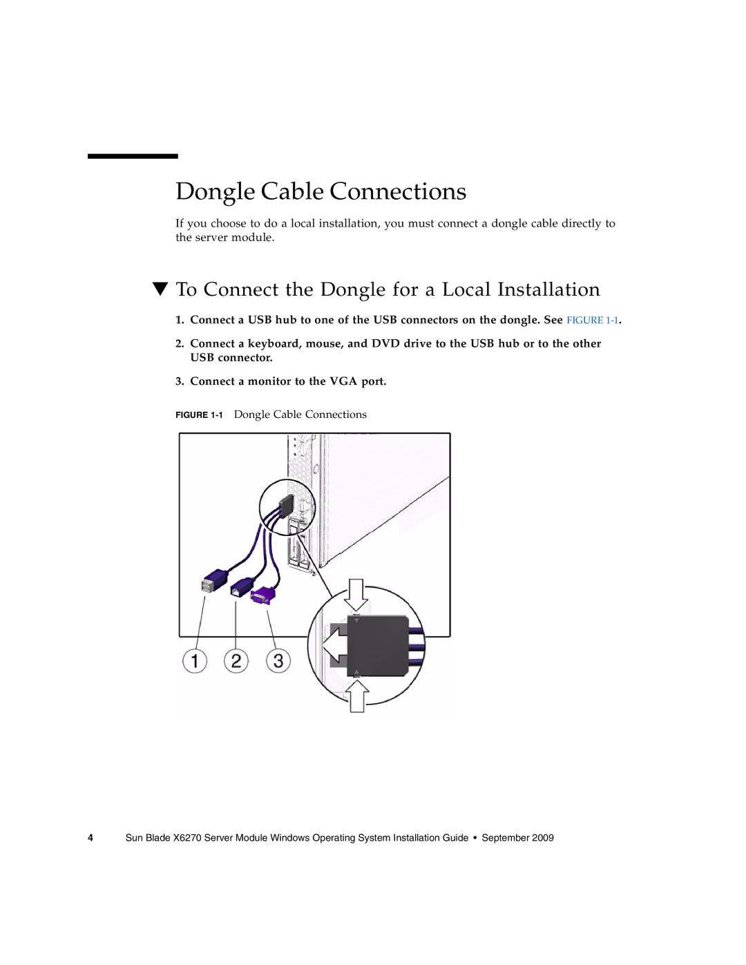 Sun Microsystems X6275 manual Dongle Cable Connections, To Connect the Dongle for a Local Installation 