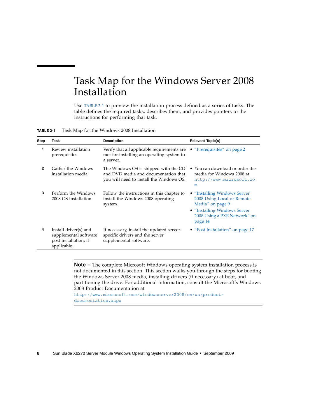 Sun Microsystems X6275 Task Map for the Windows Server 2008 Installation, 1Task Map for the Windows 2008 Installation 