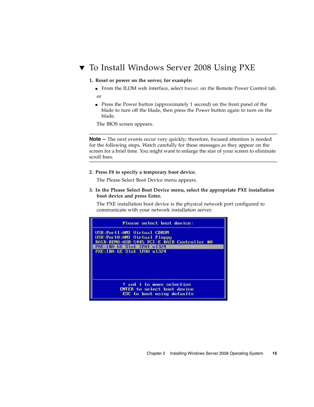 Sun Microsystems X6275 manual To Install Windows Server 2008 Using PXE, Reset or power on the server, for example 