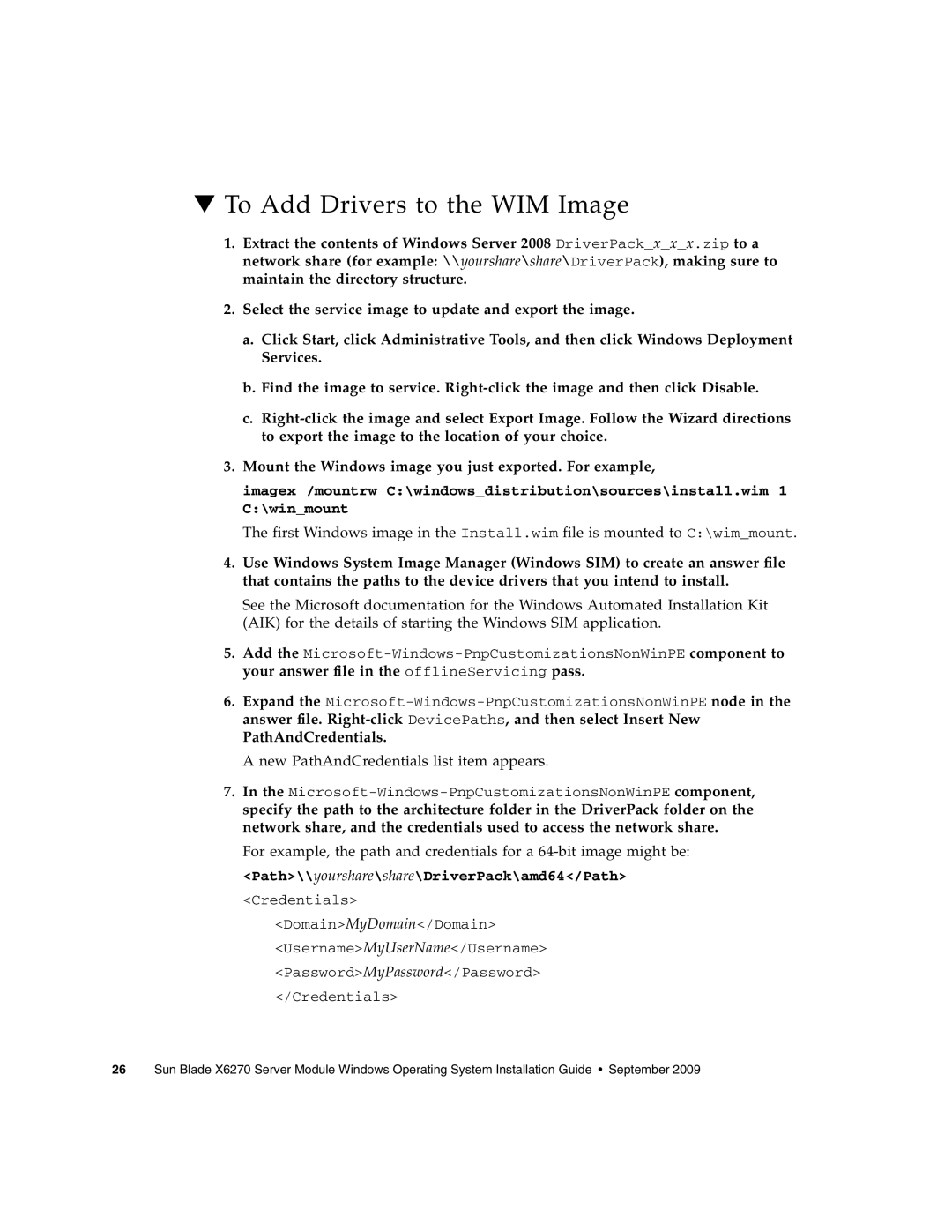 Sun Microsystems X6275 manual To Add Drivers to the WIM Image, PathAndCredentials 