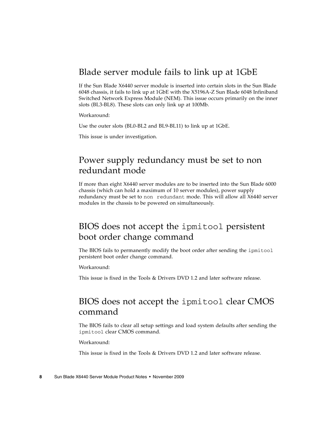 Sun Microsystems X6440 Blade server module fails to link up at 1GbE, Bios does not accept the ipmitool clear Cmos command 