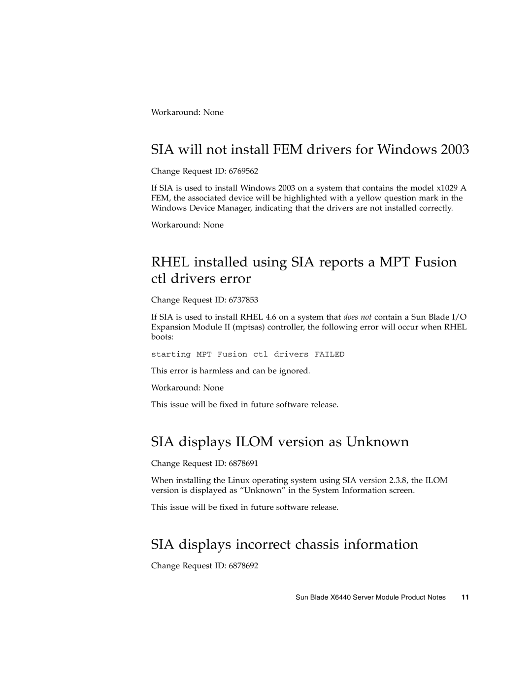 Sun Microsystems X6440 manual SIA will not install FEM drivers for Windows, SIA displays Ilom version as Unknown 