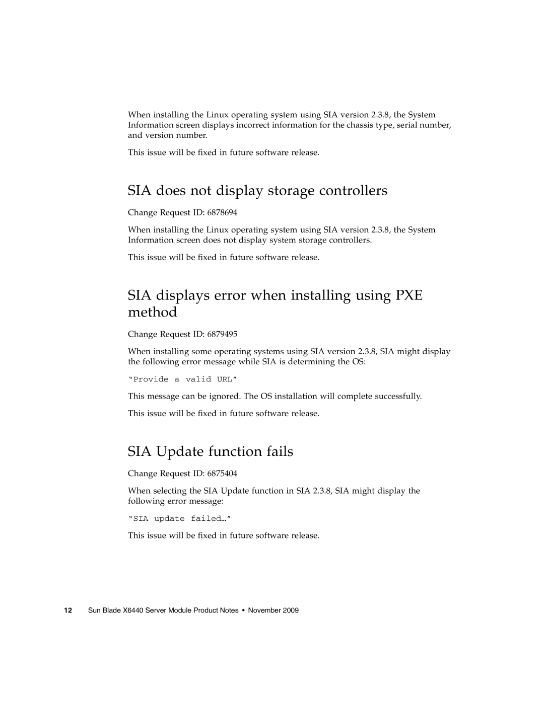 Sun Microsystems X6440 manual SIA does not display storage controllers, SIA displays error when installing using PXE method 