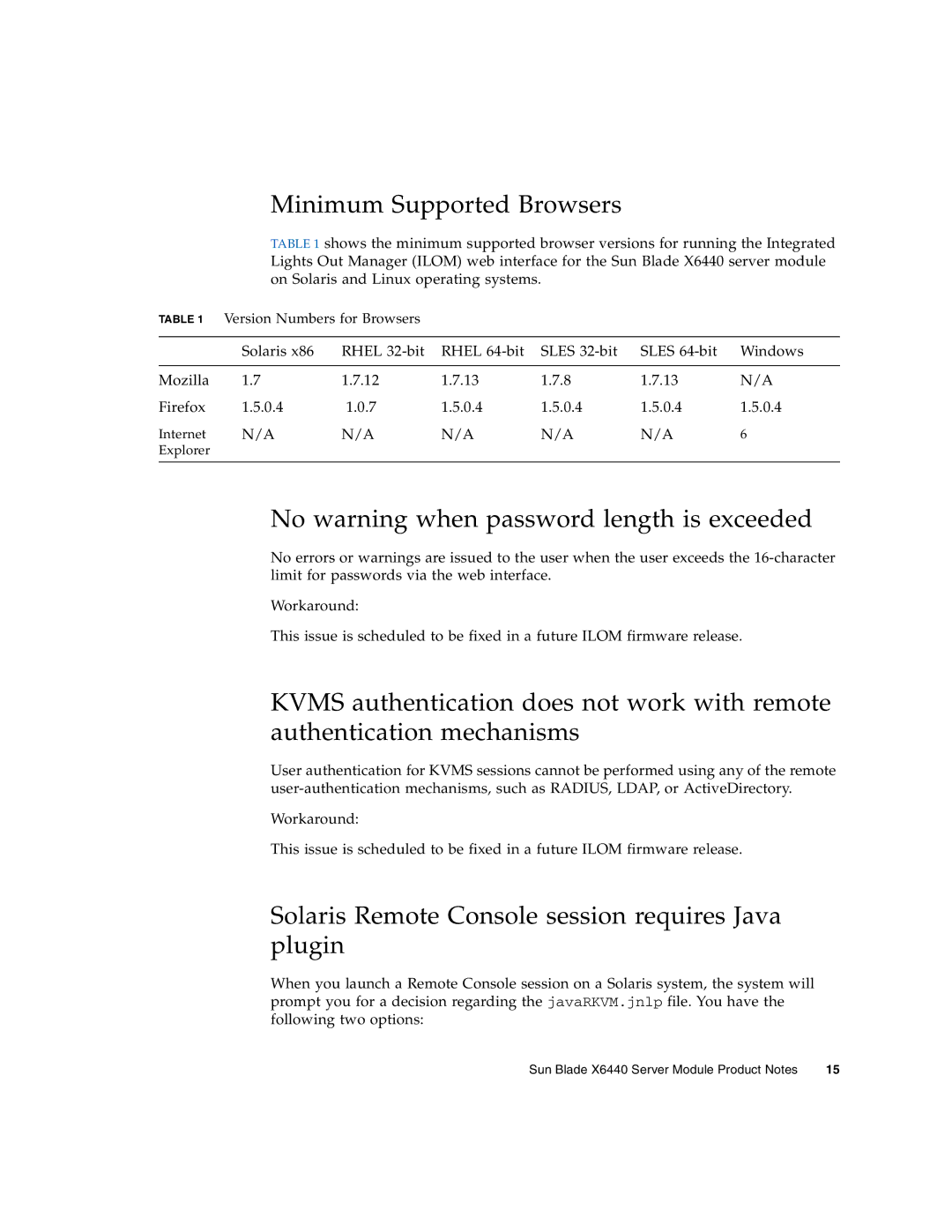 Sun Microsystems X6440 manual Minimum Supported Browsers, No warning when password length is exceeded 