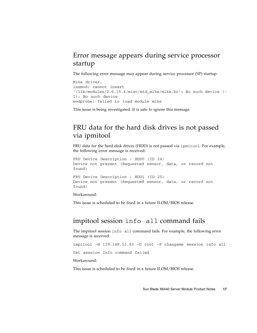 Sun Microsystems X6440 Error message appears during service processor startup, Impitool session info all command fails 