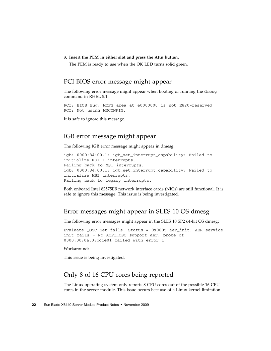 Sun Microsystems X6440 manual PCI Bios error message might appear, IGB error message might appear 