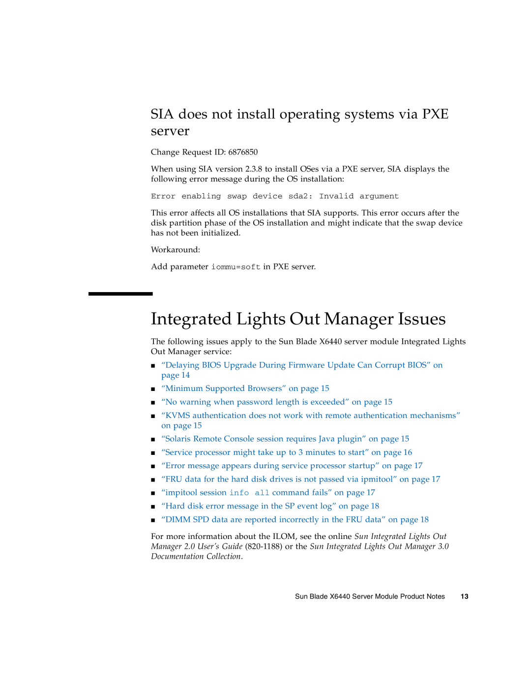 Sun Microsystems X6440 manual Integrated Lights Out Manager Issues, SIA does not install operating systems via PXE server 