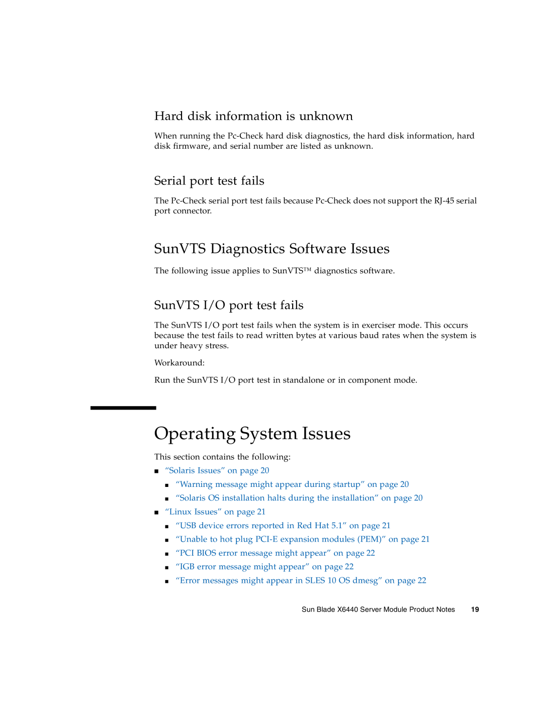 Sun Microsystems X6440 manual Operating System Issues, SunVTS Diagnostics Software Issues, Hard disk information is unknown 