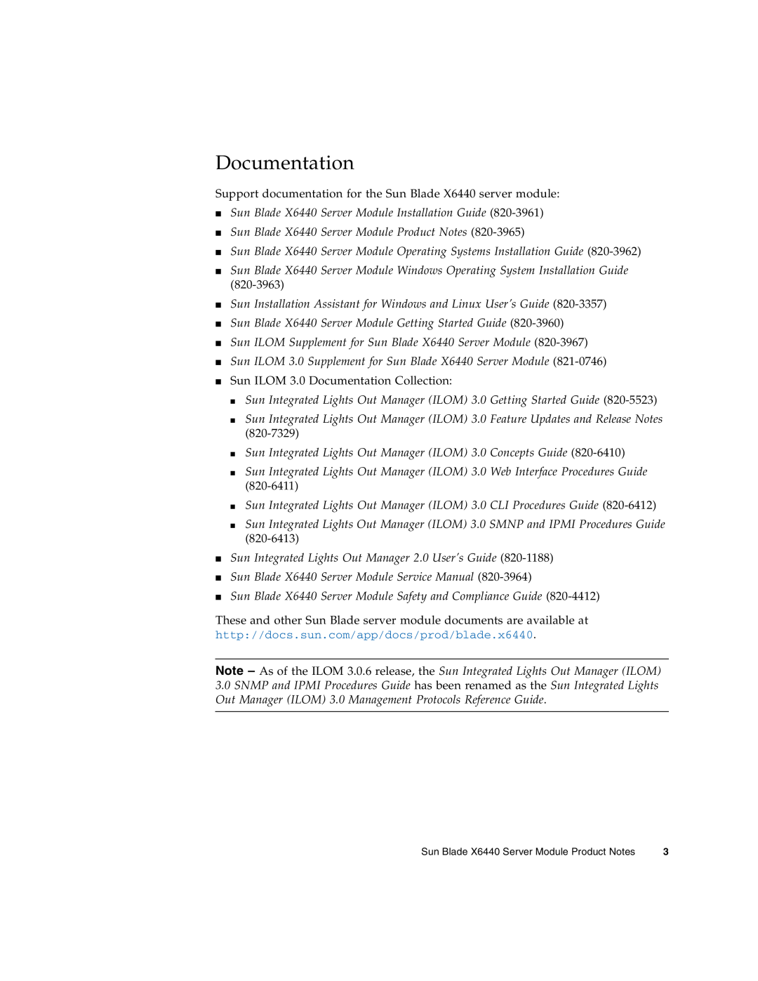 Sun Microsystems manual Documentation, Support documentation for the Sun Blade X6440 server module 