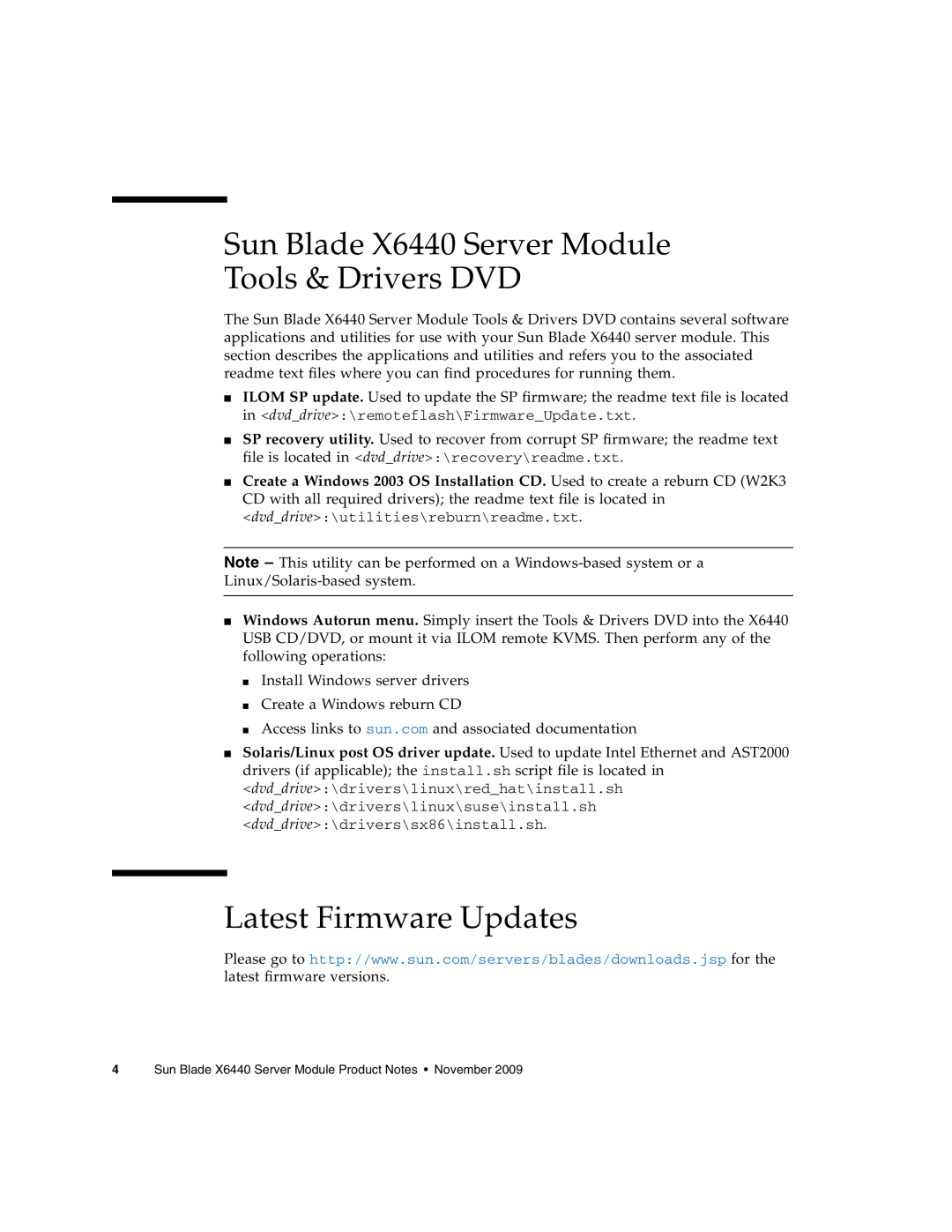 Sun Microsystems manual Sun Blade X6440 Server Module Tools & Drivers DVD, Latest Firmware Updates 