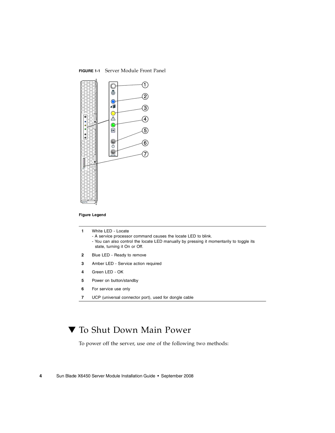 Sun Microsystems X6450 manual To Shut Down Main Power, 1Server Module Front Panel 