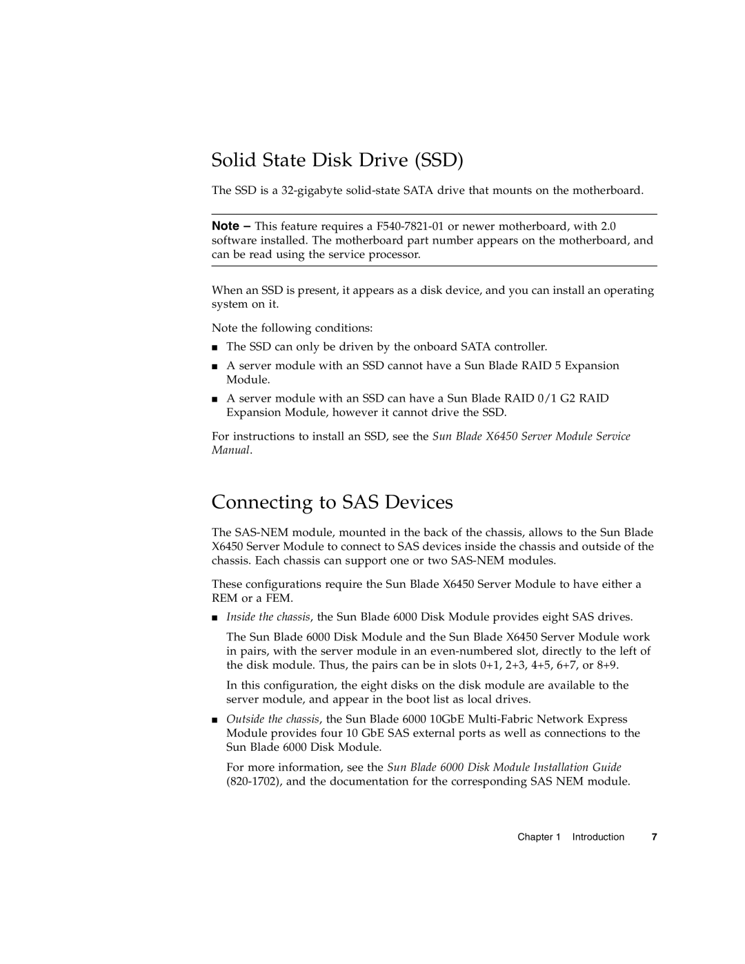 Sun Microsystems X6450 manual Solid State Disk Drive SSD, Connecting to SAS Devices 