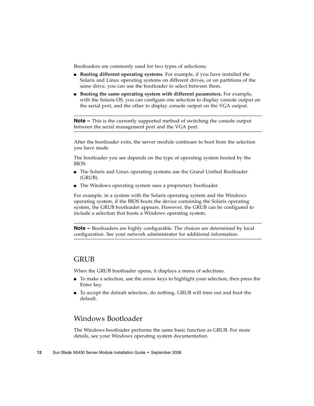 Sun Microsystems X6450 manual Grub, Windows Bootloader 