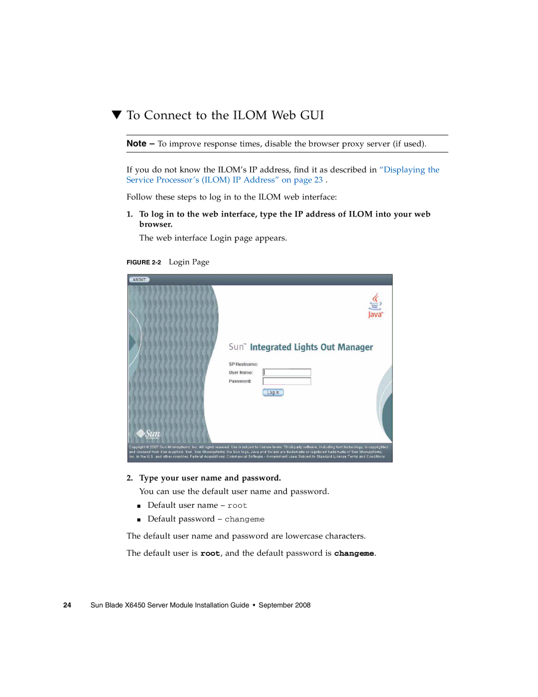 Sun Microsystems X6450 manual To Connect to the Ilom Web GUI, Type your user name and password 